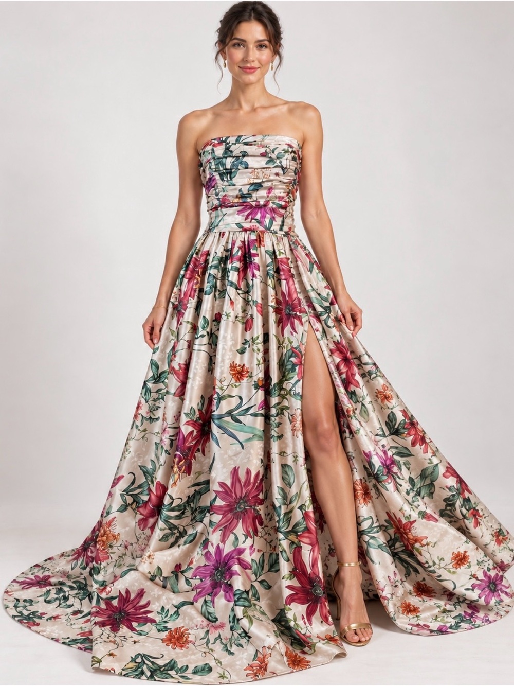 Especia Strapless Floral Ruched Maxi Gown Side Slit Size S/P
